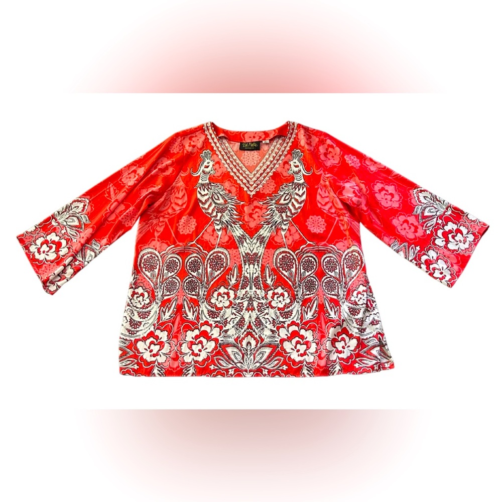 Bob Mackie Wearable Art Floral Peacock Tunic Top | Coral/Pink | Size L